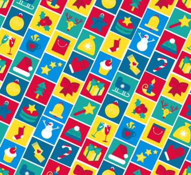 Noel süslemesi kusursuz model vektörü. Sihirli çubuk ve hediye kutusu, çilekli ve kremalı kek, çan ve kardan adam, şampanya bardakları ve kahve fincanı. Düz çizgi film çizimi