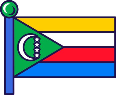 Comoros union nation flag on flagstaff vector. White crescent on green chevron and multicolor stripes on official symbol of freedom. Island territory traditional insignia flat cartoon illustration