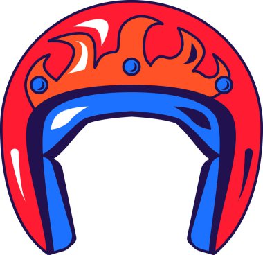 Dublör yarış arabası sürücüsünün alevlerle süslenmiş kırmızı koruyucu miğferi. Ölümcül dublörlük gösterisi. Çizgi film vektör çizimi için masal başlığı. Beyazda izole edilmiş selfie kaptanı.