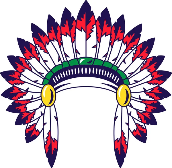 インディアン酋長の羽のある国家元首 衣服や狩猟の儀式的な要素 漫画イラストのデザインのための伝統的なヘッドギア キャップFor Selfie 白い上に隔離された漫画のベクトル帽子 — ストックベクタ