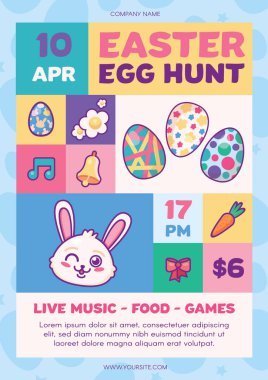 Tavuk süslemeli yumurta ve Paskalya tavşanlı Paskalya bayramı posteri. Matbaa şablonu, misafirleri geleneksel bayram, canlı karnaval kutlamalarına davet eden duyuru posteri. Vektör