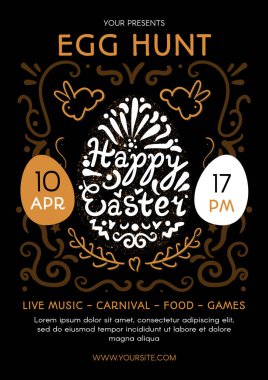 Tavuk yumurtaları ve Paskalya tavşanlarının süslendiği mutlu Paskalya afişleri. Matbaa şablonu, misafirleri geleneksel bayram, canlı karnaval kutlamalarına davet eden duyuru posteri. Vektör
