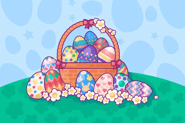 Cesta Festiva Huevos Decorados Con Pascua Feliz Huevo Gallina Pintado — Vector de stock