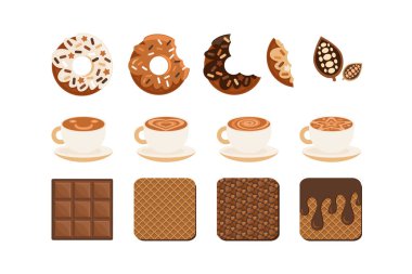 Farklı şekillerde kremalı köpüklü kahve fincanları çikolata kaplı çörekler serpiştirilmiş ve kakaolu gofretler. Tatlı yemek. Çizgi film düz yiyecek vektörü beyaz arkaplanda izole edildi