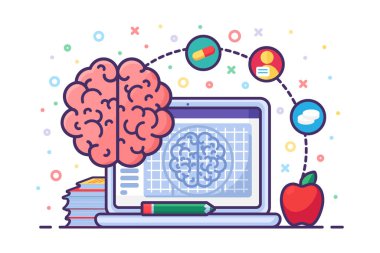 Beyin organlarının faaliyeti ve yapısı, bilimsel topluluk tarafından veri kullanımı. Tıbbi beyin araştırması. Beyaz arkaplanda izole edilmiş basit çizgi film ana hatları konsept vektörü