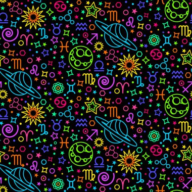 Astrolojik zodyak, ana simgeler gezegenler ve doğal elementlerin sembolleri ile neon ve pürüzsüz desenler gösterir. Kumaş, örtü ve ambalaj için süs. Siyah arkaplanda izole edilmiş vektör