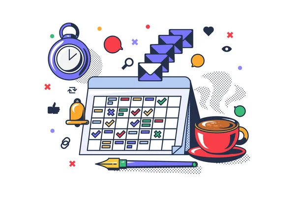 完了および計画されたビジネスタスクに関するメモ付きのデスクカレンダー ビジネス戦略計画 スケジューリング 白い背景に独立した概念的なカラーベクトル図 — ストックベクタ