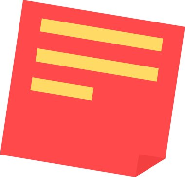 Notlar ve hatırlatıcılar için yapışkan kırmızı kağıt çıkartması. Önemli günlük notlar için yapıştırıcı kağıt. Yapışkan bant ile bilgi yazılıyor. Beyaz sırtında izole edilmiş basit renkli düz vektör simgesi