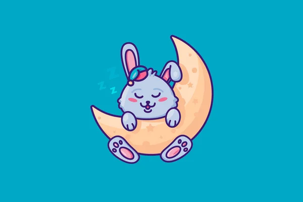 Süß Schläft Das Kleine Süße Kaninchen Mit Schlafmütze Mondsichelbett Friedliche — Stockvektor