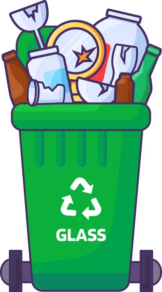 打开的装有盖子的满载容器 用于储存 循环利用和分类废旧玻璃废物 用于玻璃碎片和玻璃瓶的绿色可运输垃圾桶 简单的卡通纲要矢量 — 图库矢量图片
