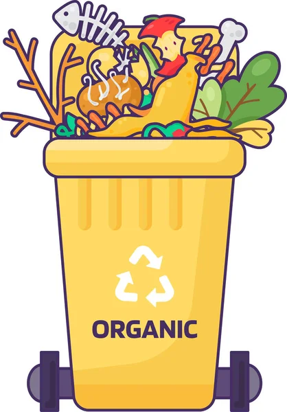 打开的装有盖子的装满废物的容器 用于储存 再循环和分类用过的家用有机废物 可运输的垃圾桶 用来装剩菜 蔬菜和水果 简单的卡通纲要矢量 — 图库矢量图片