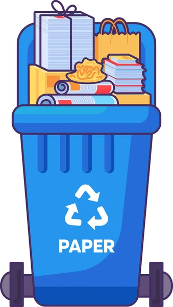 使用済み家庭紙の廃棄物を保管 リサイクル 分別するための蓋付き容器を開きました スクラップ紙 本や段ボール箱のためのブルー輸送ゴミ箱 シンプルな漫画のアウトラインベクトル — ストックベクタ