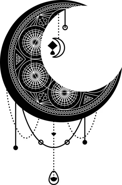 Luna Nera Simbolo Mezzaluna Con Ornamento Decorativo Simbolo Mistico Stile — Vettoriale Stock