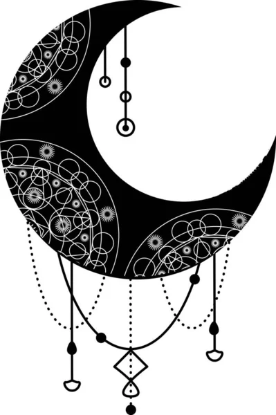 黒の月 装飾的な装飾と三日月のシンボル 宝生流の神秘的なシンボル マジックスパ マニキュア 宝石店の要素 白い背景に隔離された神聖なベクトル記号 — ストックベクタ