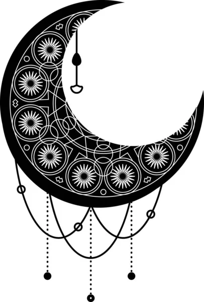 Svart Måne Halvmåne Symbol Med Dekorativ Prydnad Mystisk Symbol Boho — Stock vektor