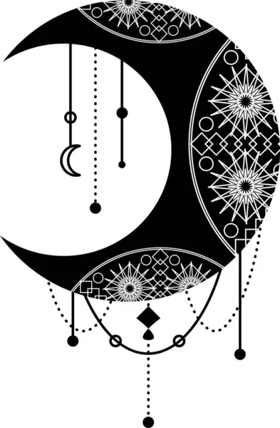 Luna Nera Simbolo Mezzaluna Con Ornamento Decorativo Simbolo Mistico Stile — Vettoriale Stock
