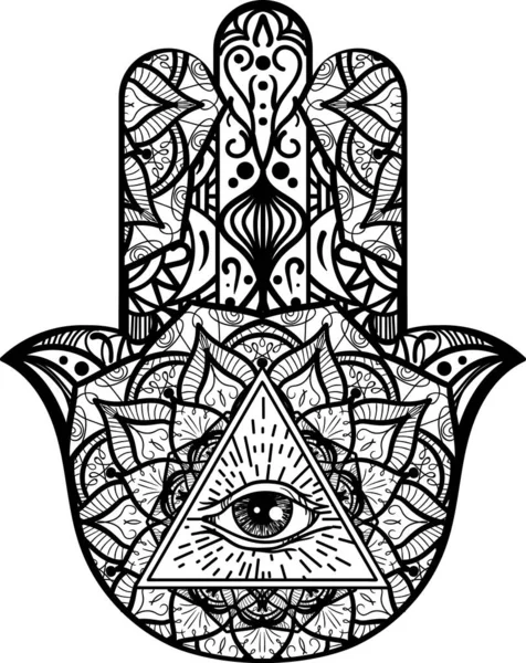 Symbol Hamsa Wszystkie Widząc Oko Wewnątrz Ludzkiej Dłoni Ozdobione Mistycznymi — Wektor stockowy