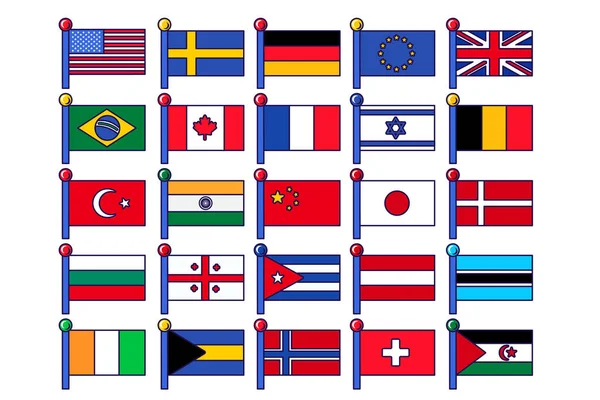 共和国と国の象徴的な旗のアイコンセットベクトル アメリカとドイツ スイスとイギリス トルコと日本 ヨーロッパ連合とカナダの愛国的な記章フラット漫画のイラスト — ストックベクタ