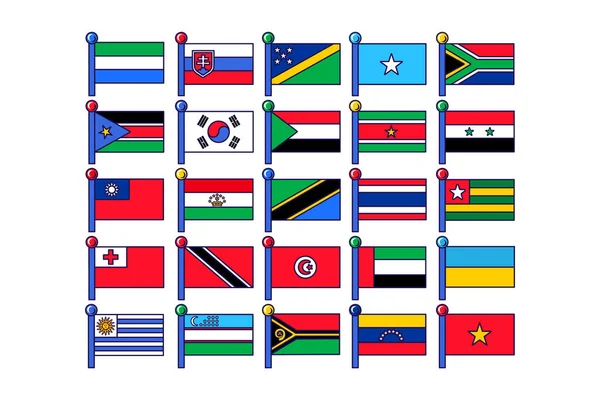旗杆上的各种旗帜 用于庄严活动的登记 悬挂各国国旗 征集工作人员 会见外国客人 在白色背景上孤立的彩色矢量 — 图库矢量图片