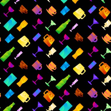 Bardaklar, bardaklar, bardaklar, şişeler, şarap bardakları, alkollü meyve ve tonik karışımları. Kumaş, örtü ve ambalaj için süs. Siyah arkaplanda izole edilmiş vektör