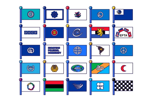 Drapeaux Des Organisations Internationales Sur Collecte Personnel Drapeaux Sur Mât — Image vectorielle