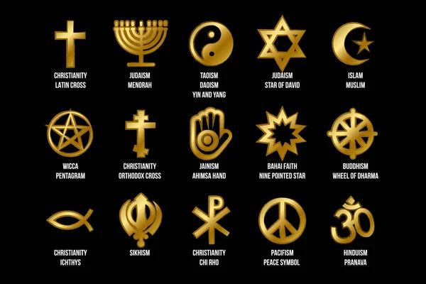 Hagyományos Vallási Talizmán Amulettek Gyűjteménye Spirituális Szimbólumok Arany Gradiens Stílusban — Stock Vector