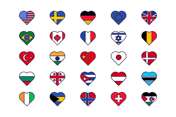 Countries Flag Heart Shape Icon Set Vector Usa France Georgia — Stock Vector