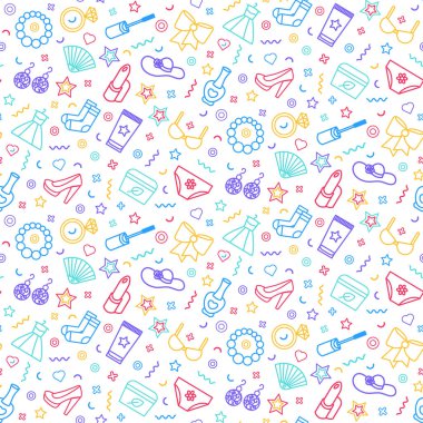 Kusursuz bir desen. Bijouterie, kozmetik, moda ve mücevher ürünleri. Kumaş, iç çamaşırı, kozmetik. Kumaş, örtü ve ambalaj için süs. Beyaz üzerine izole edilmiş renk çizgisi vektörü