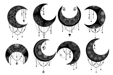 Kara ay seti, dekoratif süslemeli hilal sembolü. Sihirli spa, manikür, kuyumcu malzemeleri. Boho tarzında mistik bir sembol. Beyaz arkaplanda izole edilmiş gizli kutsal vektör işareti