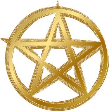 Geleneksel dini Wicca pentagram tılsımı. Altın eğimli grunge tarzında ruhani bir sembol. Dekorasyon için beyaz arkaplanda izole edilmiş gizli kutsal vektör işareti