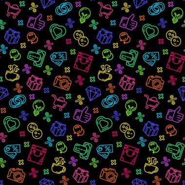 Alışveriş torbası, indirim, fiyonklu hediye kutusu, nakit para ve banka kartı. Kumaş, örtü ve ambalaj için süs. Siyah arkaplanda izole edilmiş vektör