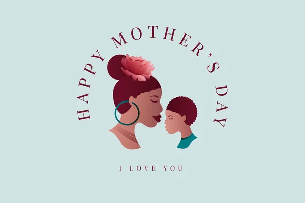 Yatay Mutlu Anneler Günü Afroamerikan Posteri Anne Oğul Yüz Profili — Stok Vektör