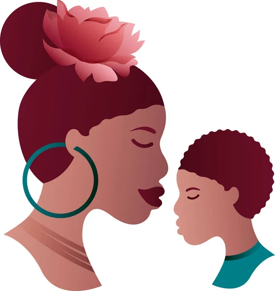 非洲裔美国妇女和年幼的儿子面容温和地相互望着对方 母亲节快乐 年轻的非洲家庭 黑色皮肤的女人和男孩的化身 在白色上隔离的病媒 — 图库矢量图片