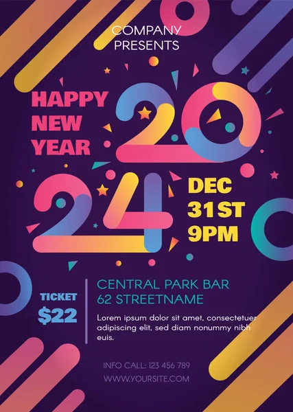 Modern Mutlu 2024 Yeni Yıl Tatili Posteri Gece Disko Dans — Stok Vektör