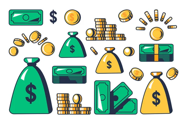 現金のセットアメリカのお金の紙幣緑は スタックや銀行の袋に金貨を請求する 贅沢富と繁栄の象徴 白い背景に隔離されたシンプルな漫画のアウトラインベクトル — ストックベクタ