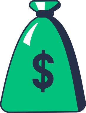 Amerikan para sikkelerini ve banknotlarını kalın kumaş bir çantaya koy. Tasarruf yatırımı. Lüks zenginlik ve refahın sembolü. Beyaz arkaplanda izole edilmiş basit çizgi film ana hatları vektörü