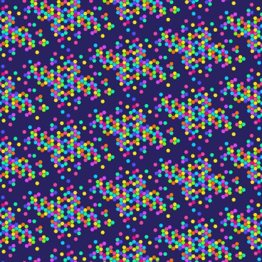 Geometrik sekansta çok renkli altıgen kümelerinin kaotik neon desensiz koyu mavi gece gökyüzü. Kumaş, örtü ve ambalaj için süs. Basit soyut minimalist vektör