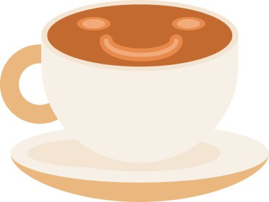 Sıcak kahve ve köpük desenli seramik kupa gülen surat şeklinde. Canlandırıcı kahve içecekleri. Beyaz arkaplanda izole edilmiş basit renkli düz vektör simgesi