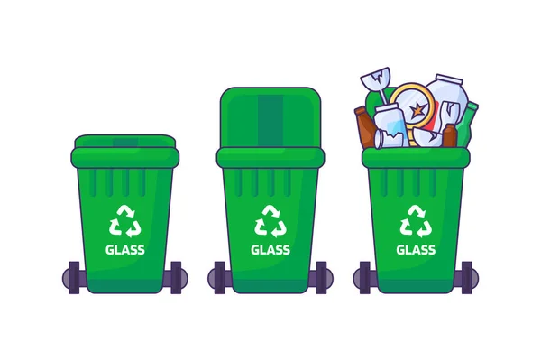 使用済み家庭用ガラス廃棄物の保管 リサイクル 分別用の蓋付き容器のセット 空のゴミ箱を閉じて ごみ箱を埋め込むことができます 白に隔離されたシンプルな漫画のアウトラインベクトル — ストックベクタ