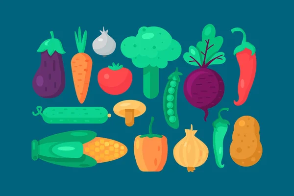 スープやサラダ用の新鮮な有機野菜のコレクション 植物性食品ビーガンやベジタリアンメニュー成分 野菜料理のハーブ成分 秋の収穫 フラットベクトルアイコンセット — ストックベクタ
