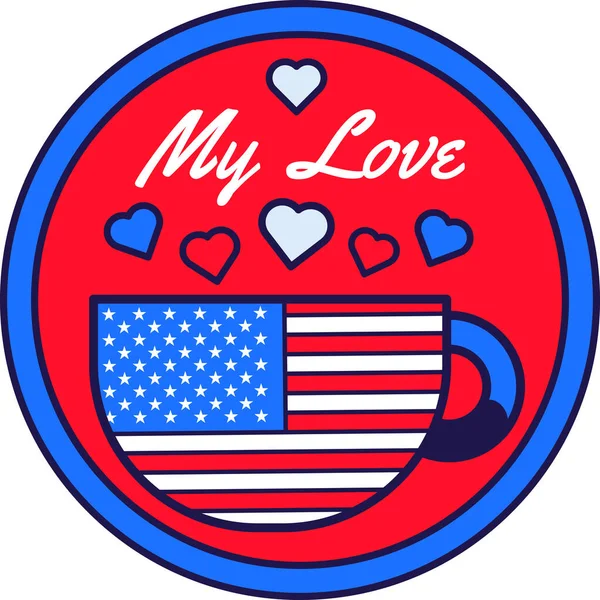 Üzerinde Amerikan Bayrağı Renginde Kahve Fincanı Olan Yuvarlak Çıkartma Amerika — Stok Vektör