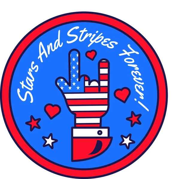 Εορταστική Στρογγυλή Αυτοκόλλητη Ετικέτα Goat Hand Gesture Χρώματα Αμερικάνικης Σημαίας — Διανυσματικό Αρχείο