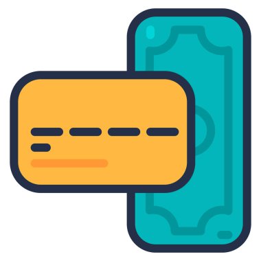 Elektronik mağazalarda tasarruf ve alım için kredi kartı. Dijital mallar için ödeme ve anlaşmalar. Banka hesaplarının sağlam korunması. Basit çizgi film ana hatları vektörü izole edildi