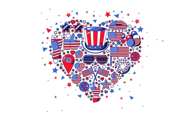 Элементы Праздника Форме Сердца Элементы Цветах Американского Флага Фейерверк Дня — стоковый вектор