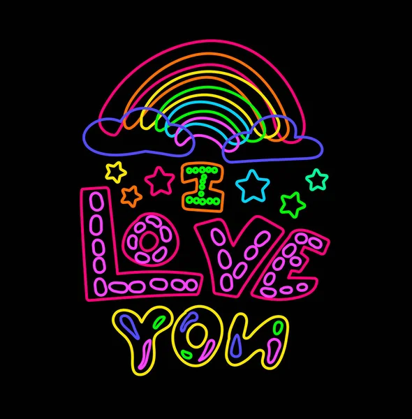 Declarativo Love You Weather Rainbow Hand Drawn Text Neon Lights — Vector de stock