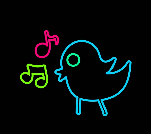 Mão Declarativa Desenhada Brilhante Pássaro Cantando Melodia Com Neon Brilhantes — Vetor de Stock
