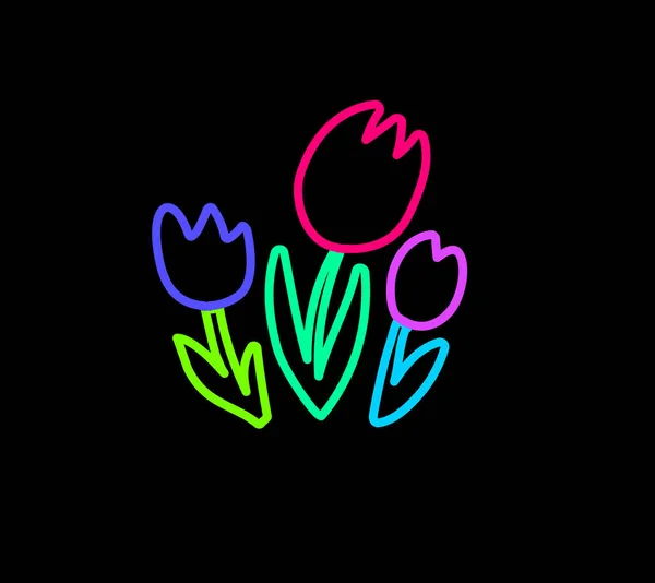 Deklarativní Ručně Kreslená Louka Jarních Tulipánů Neonově Jasnými Plstěnými Pery — Stockový vektor