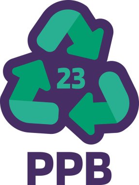 Endüstriyel ürünler için 23 numaralı PPB 'ye dikkat edin. Plastik, kağıt ve metaller için geri dönüşüm kodu. Tüketiciye paket özellikleri ve kimyasal bileşim hakkında bilgi vermek. Yeşil üçgen ok işareti. Vektör