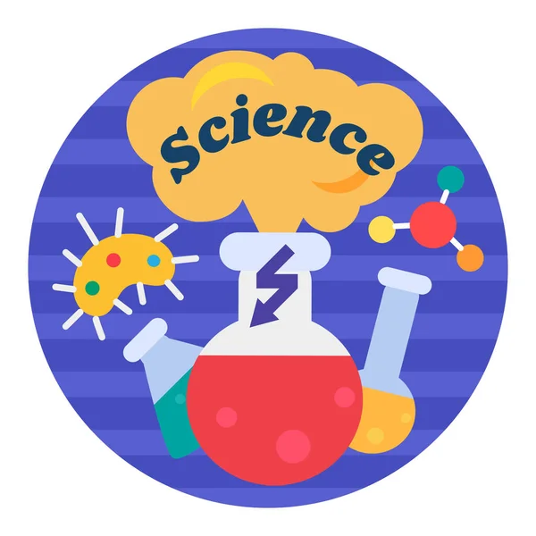化学和科学实验室的化学实验课上 学校圆形贴纸贴有试管和瓶子 节日徽章的标志 在白色背景上孤立的彩色矢量 — 图库矢量图片