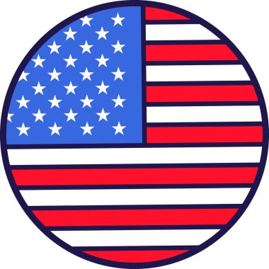 Yuvarlak çıkartmalı Amerikan bayrağı. Kutlama öğesi, 4 Temmuz Amerikan Bağımsızlık Günü 'nün özellikleri. Amerikan bayrağının ulusal renklerinde çizgi film vektör simgesi beyaz arkaplanda izole edildi